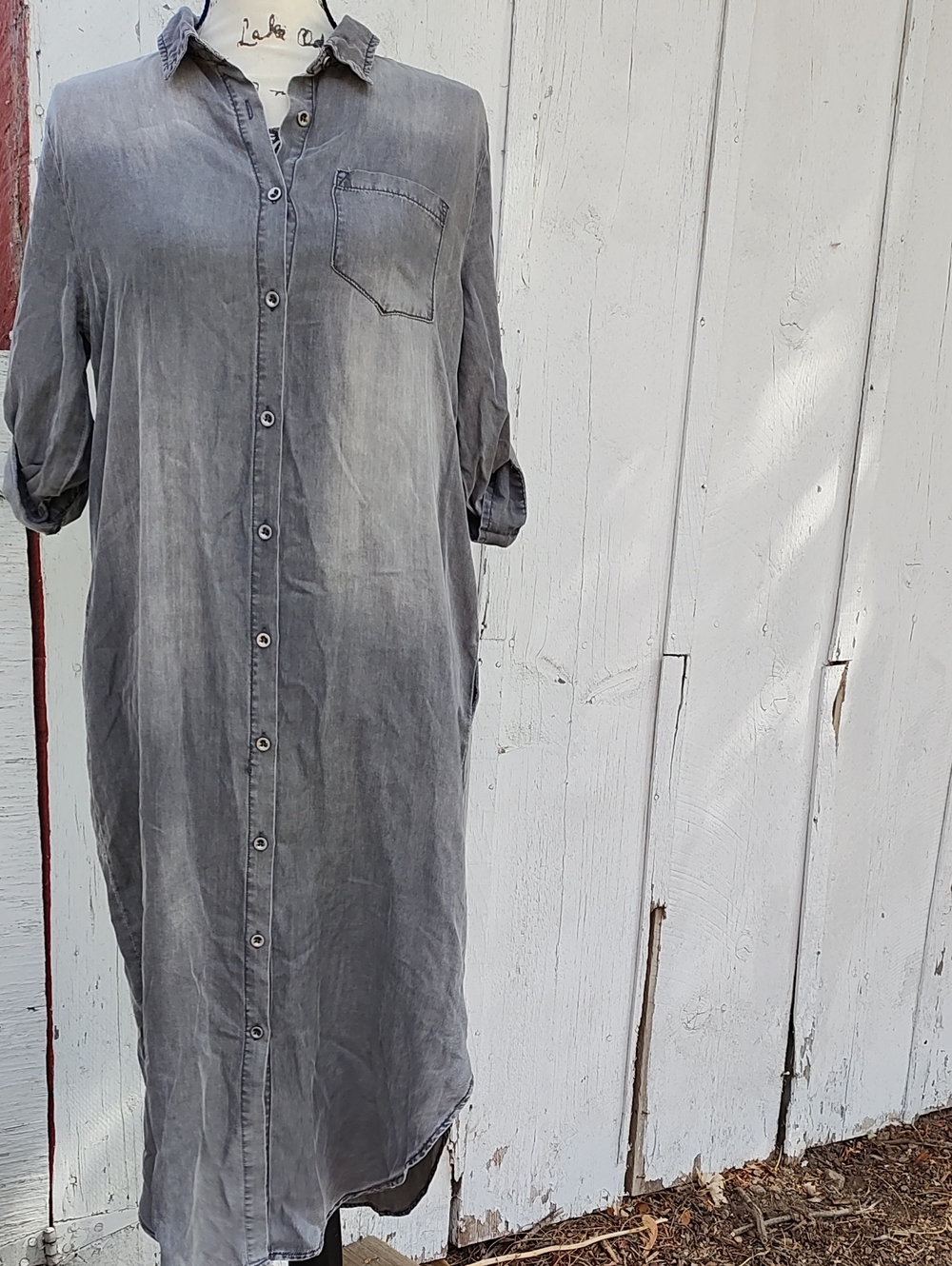 Doe & Rae Washed Faded Gray Button-Front Midi Shirt Dress 100% Tencil NWOT